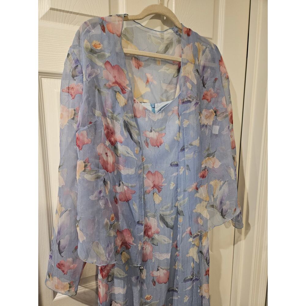 Vintage Ursula of Switzerland Maxi Dress Set 10‎ Blue Floral Sheer Jacket - Picture 2 of 9